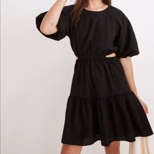 Madewell Seersucker Puff-Sleeve Cutout Mini Dress in Black